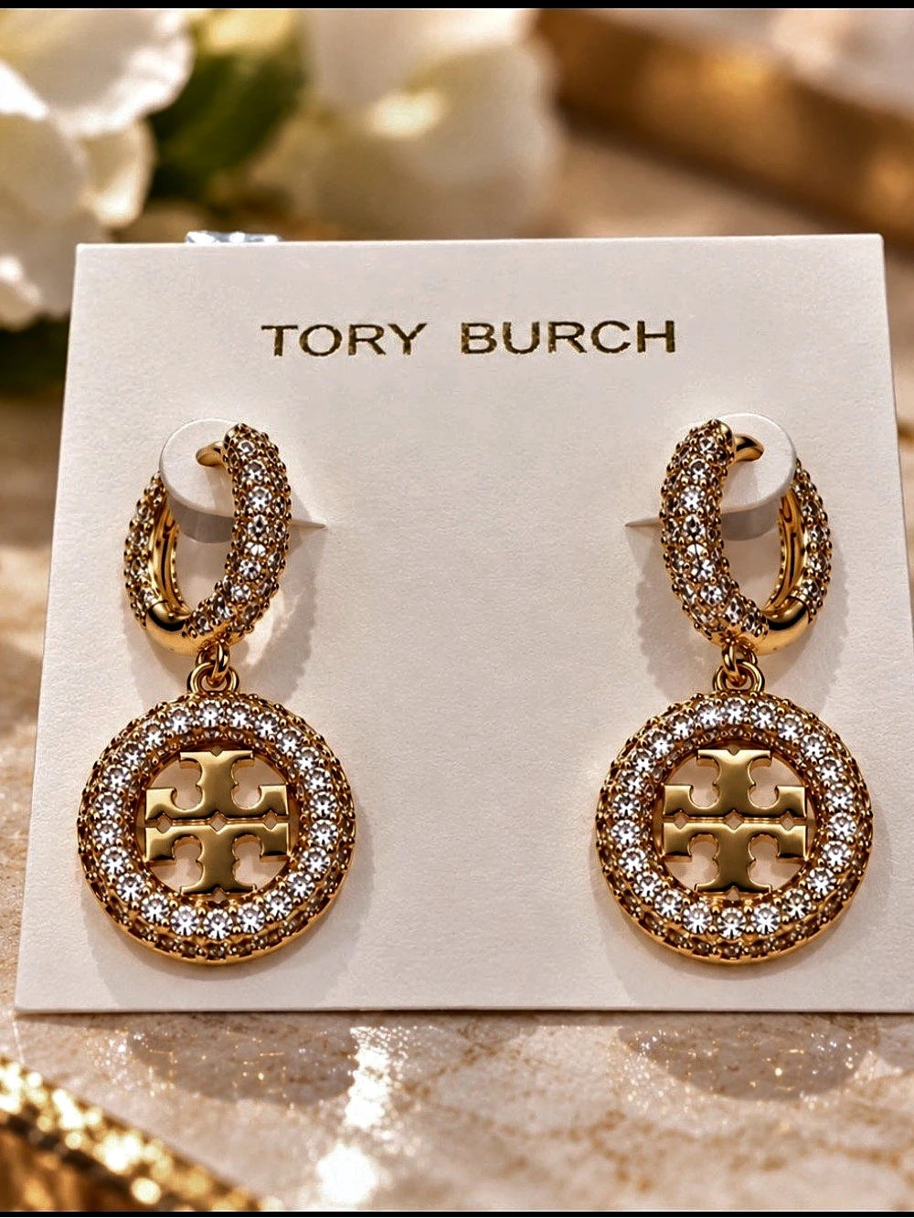 Tory Burch Gold Crystal Pavé Miller Logo Medallion Drop Earrings